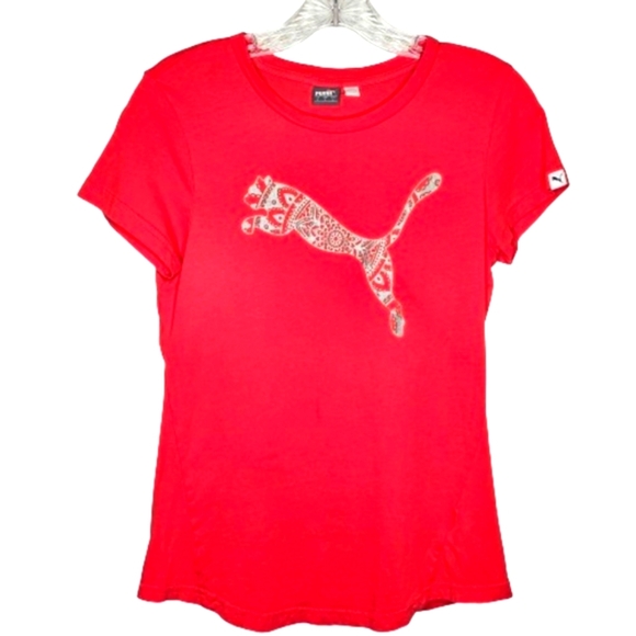 Puma Womens Red Silver Metallic Puma Emblem Short Sleeve Crewneck T-Shirt Small - Picture 1 of 8
